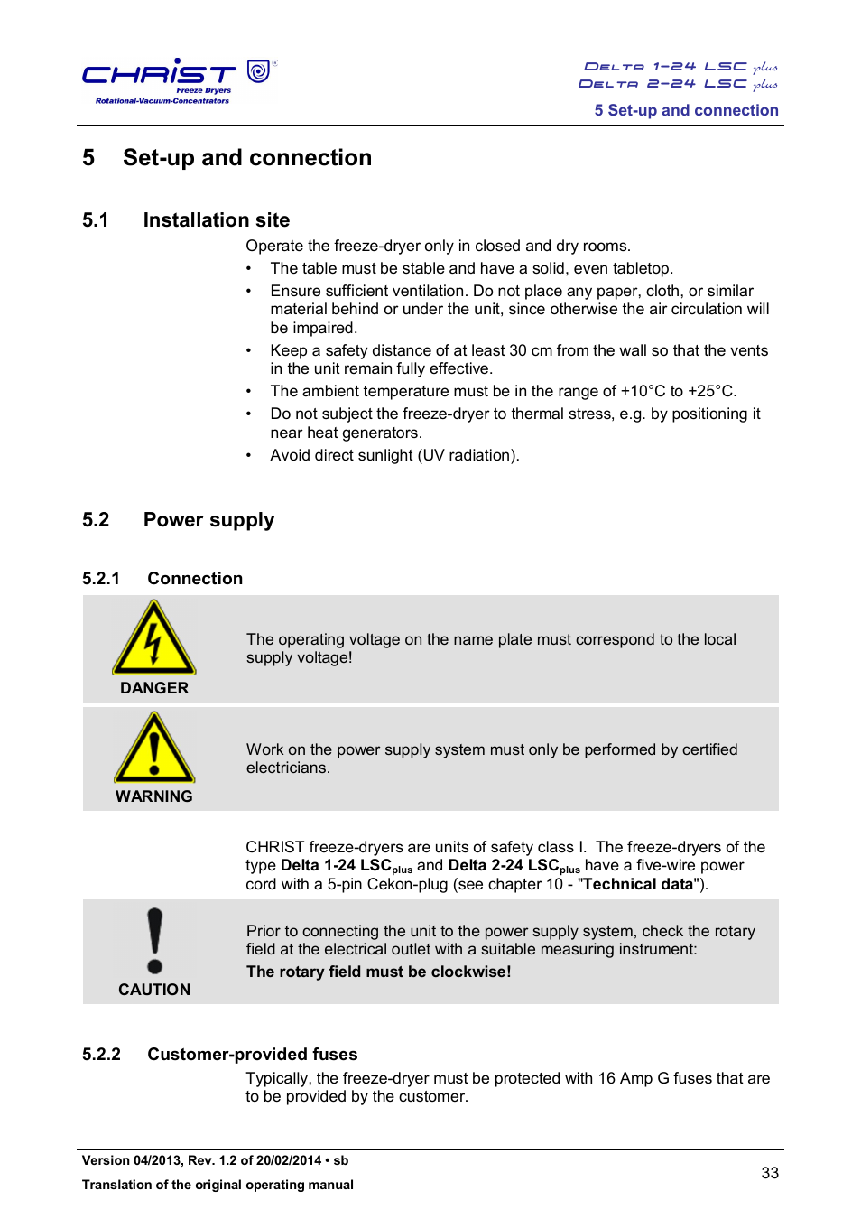 5 set-up and connection, 1 installation site, 2 power supply | 1 connection, 2 customer-provided fuses | Martin Christ Delta 2-24 LSCplus User Manual | Page 33 / 127