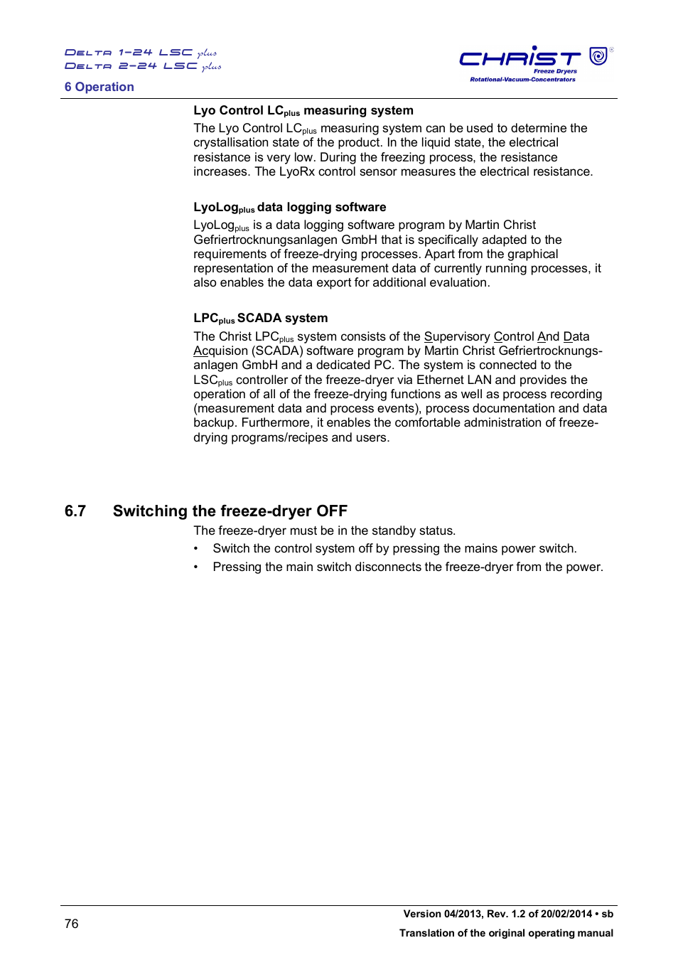 7 switching the freeze-dryer off | Martin Christ Delta 2-24 LSCplus User Manual | Page 76 / 127