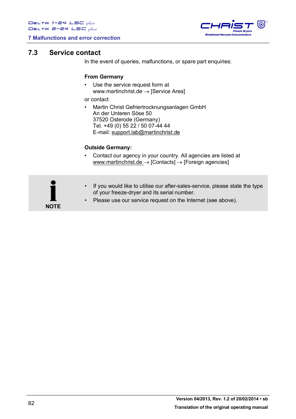 3 service contact | Martin Christ Delta 2-24 LSCplus User Manual | Page 82 / 127