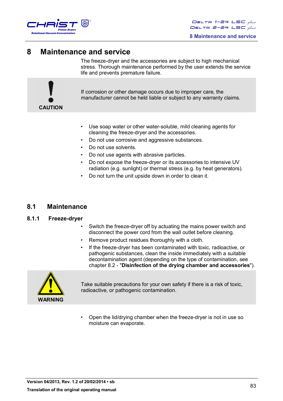 8 maintenance and service, 1 maintenance, 1 freeze-dryer | Martin Christ Delta 2-24 LSCplus User Manual | Page 83 / 127