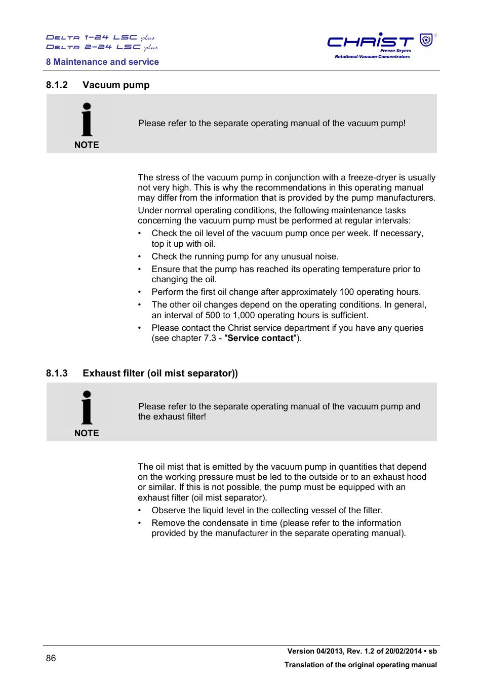 2 vacuum pump, 3 exhaust filter (oil mist separator)) | Martin Christ Delta 2-24 LSCplus User Manual | Page 86 / 127
