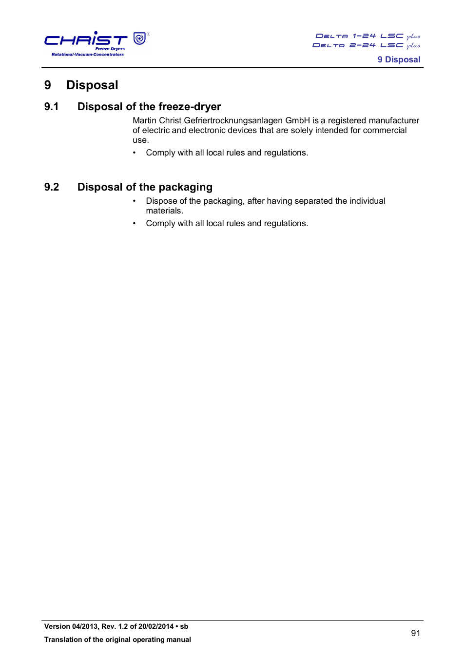 9 disposal, 1 disposal of the freeze-dryer, 2 disposal of the packaging | Martin Christ Delta 2-24 LSCplus User Manual | Page 91 / 127