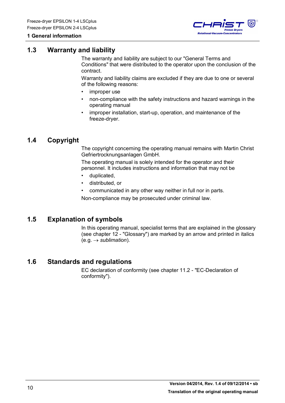 3 warranty and liability, 4 copyright, 5 explanation of symbols | 6 standards and regulations | Martin Christ Epsilon 2-4 LSCplus User Manual | Page 10 / 131