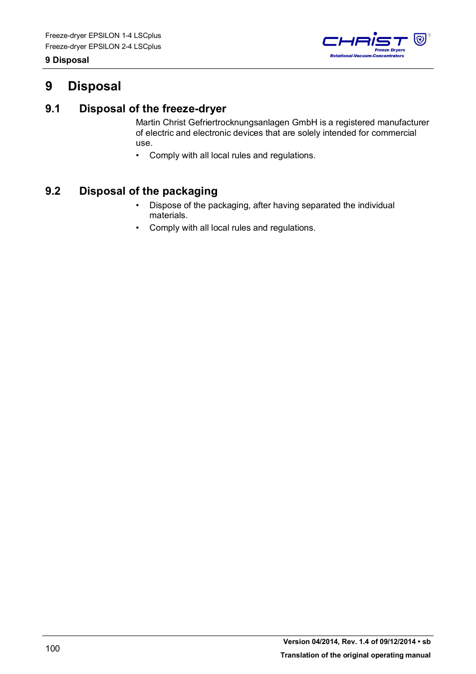 9 disposal, 1 disposal of the freeze-dryer, 2 disposal of the packaging | Martin Christ Epsilon 2-4 LSCplus User Manual | Page 100 / 131