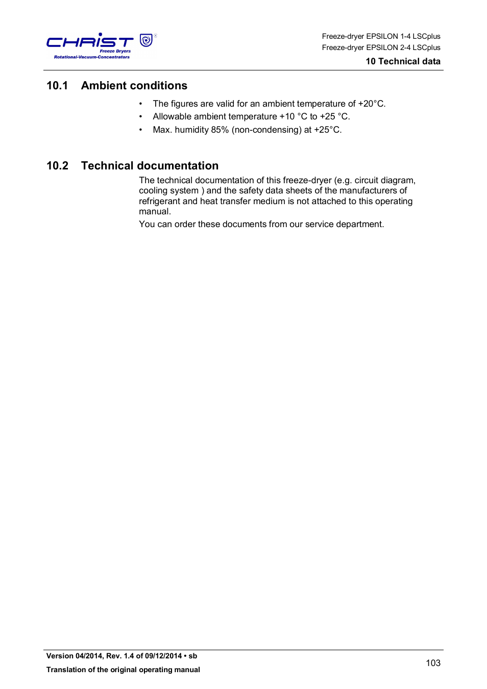 1 ambient conditions, 2 technical documentation | Martin Christ Epsilon 2-4 LSCplus User Manual | Page 103 / 131