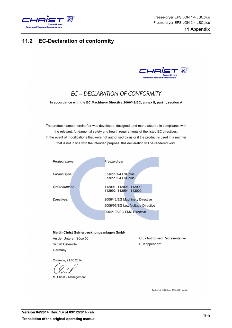 2 ec-declaration of conformity | Martin Christ Epsilon 2-4 LSCplus User Manual | Page 105 / 131