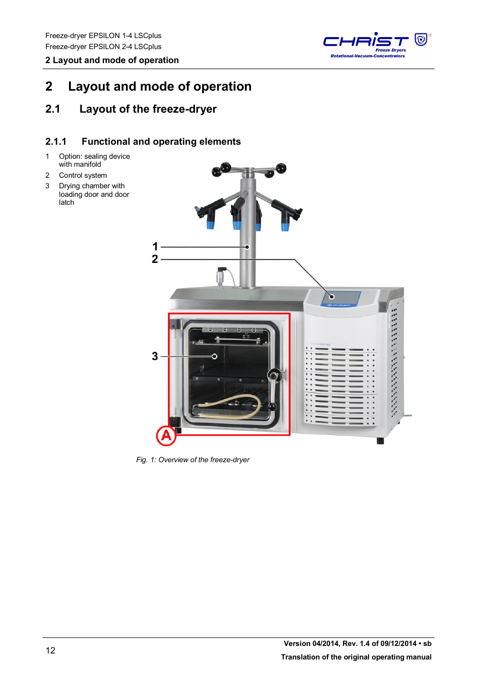 2 layout and mode of operation, 1 layout of the freeze-dryer, 1 functional and operating elements | Martin Christ Epsilon 2-4 LSCplus User Manual | Page 12 / 131