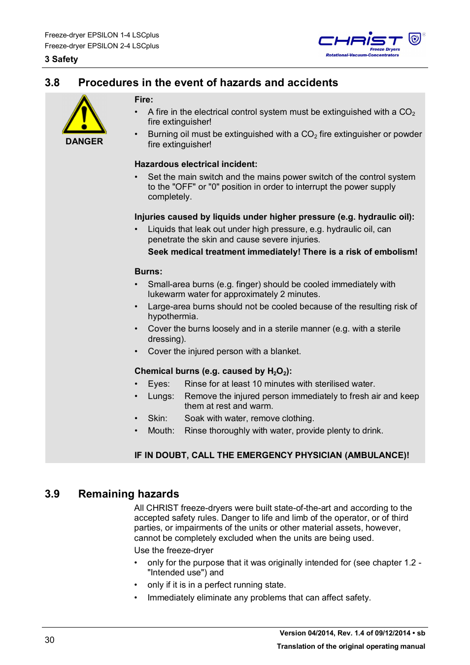 8 procedures in the event of hazards and accidents, 9 remaining hazards | Martin Christ Epsilon 2-4 LSCplus User Manual | Page 30 / 131