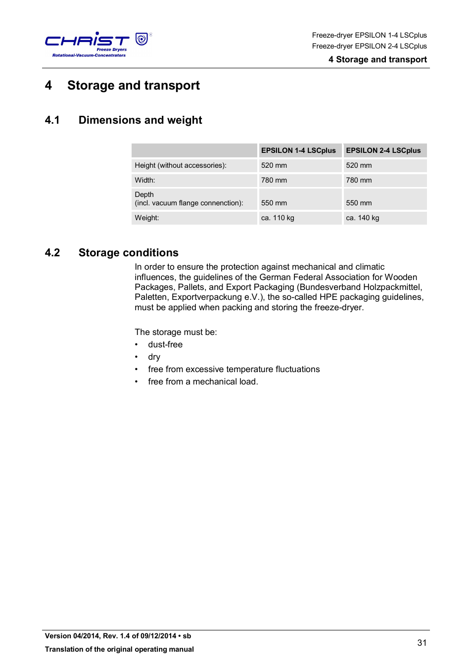 4 storage and transport, 1 dimensions and weight, 2 storage conditions | Martin Christ Epsilon 2-4 LSCplus User Manual | Page 31 / 131