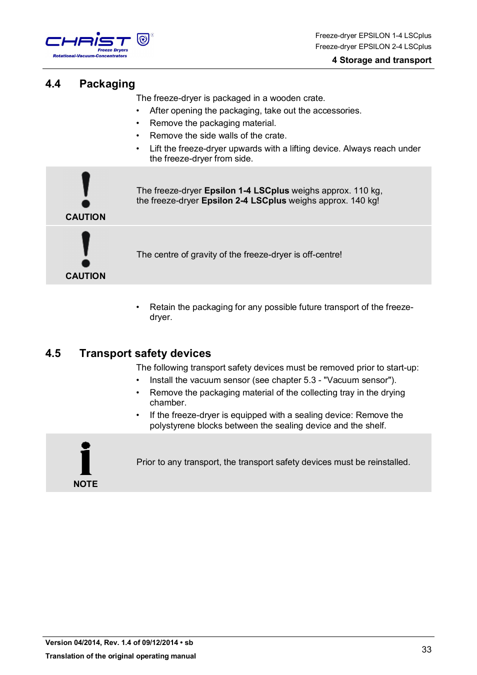 4 packaging, 5 transport safety devices | Martin Christ Epsilon 2-4 LSCplus User Manual | Page 33 / 131