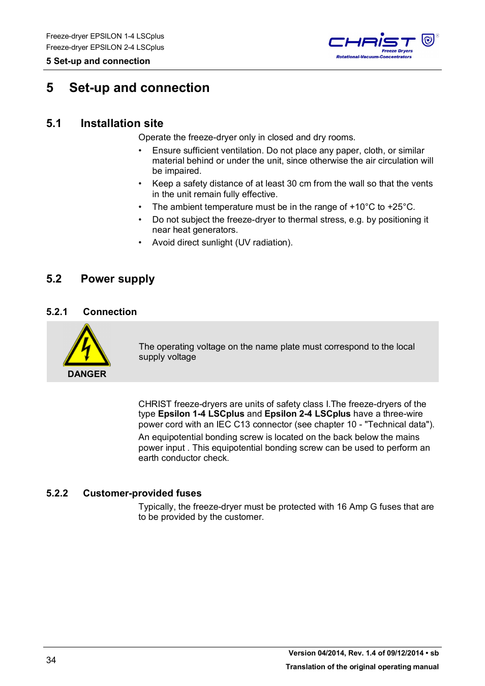5 set-up and connection, 1 installation site, 2 power supply | Martin Christ Epsilon 2-4 LSCplus User Manual | Page 34 / 131