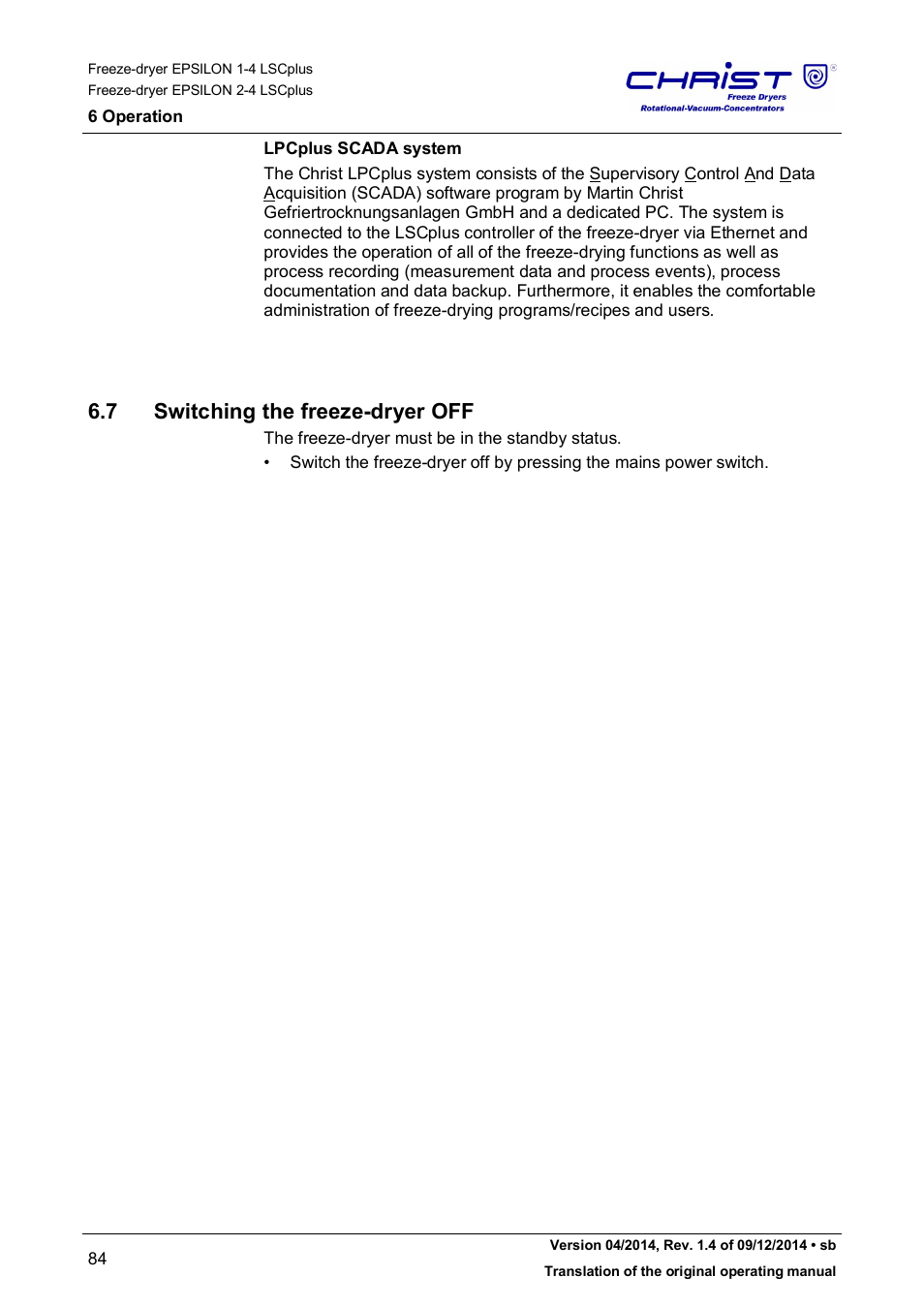 7 switching the freeze-dryer off | Martin Christ Epsilon 2-4 LSCplus User Manual | Page 84 / 131