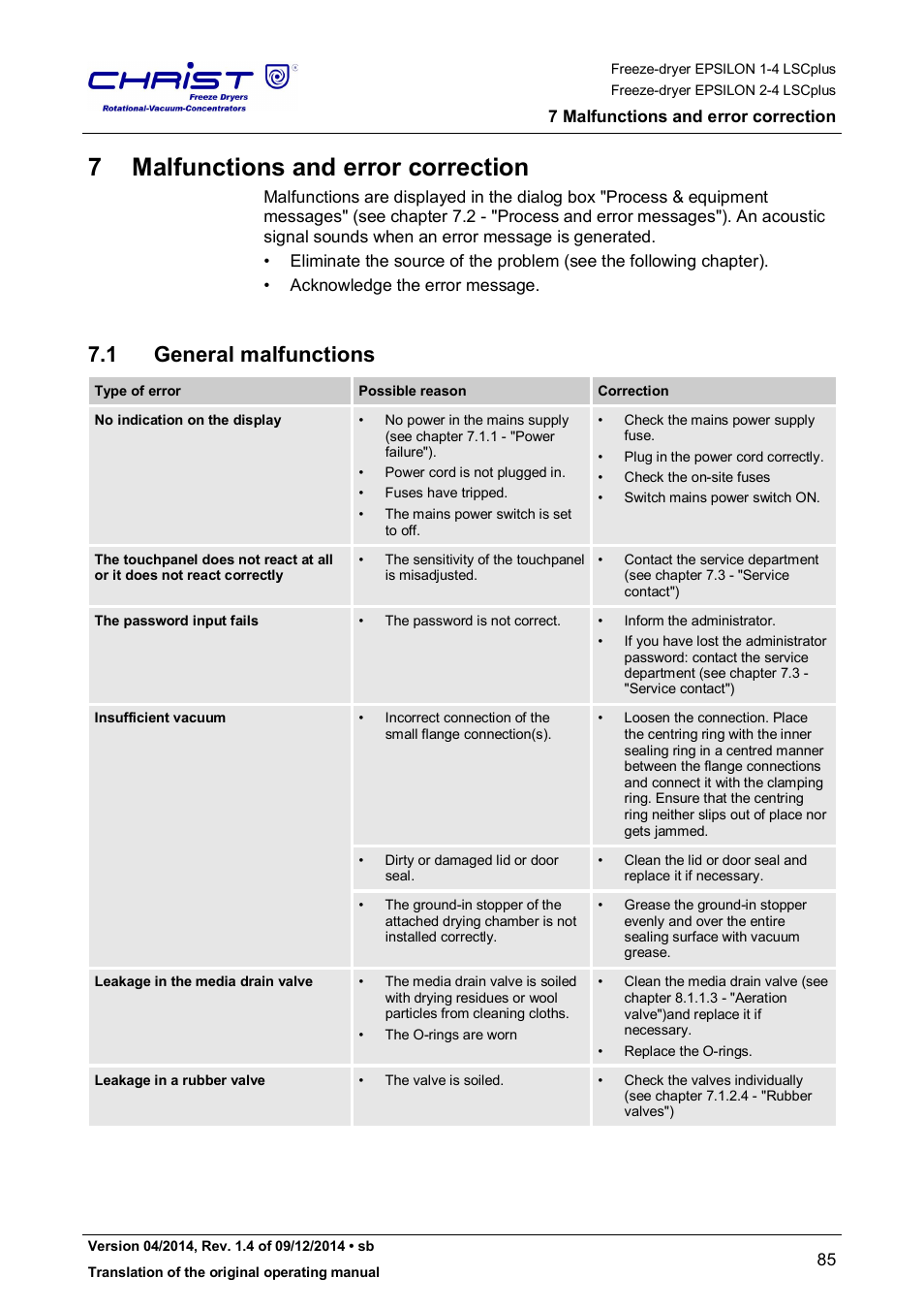 7 malfunctions and error correction, 1 general malfunctions | Martin Christ Epsilon 2-4 LSCplus User Manual | Page 85 / 131