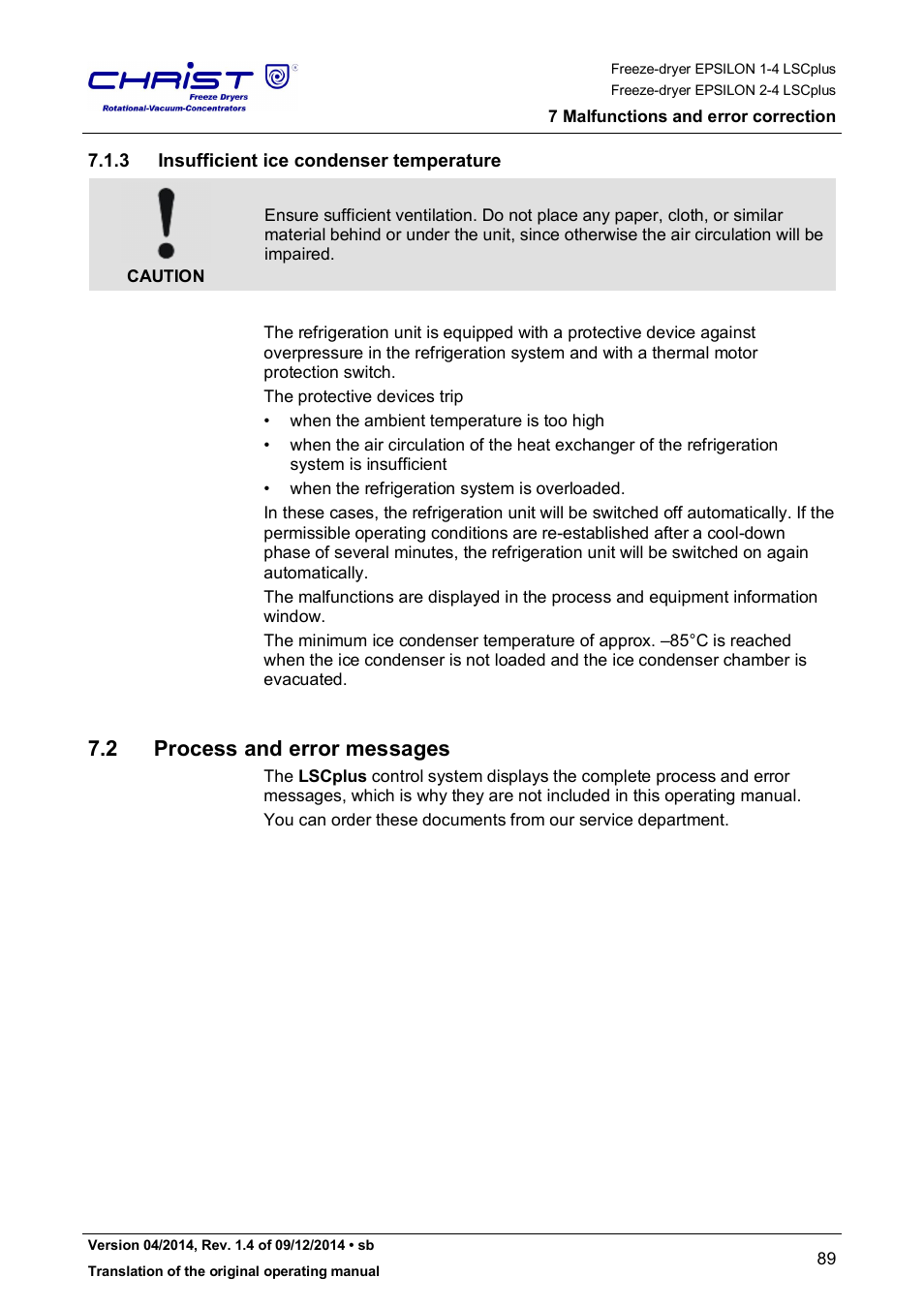 2 process and error messages, 3 insufficient ice condenser temperature | Martin Christ Epsilon 2-4 LSCplus User Manual | Page 89 / 131