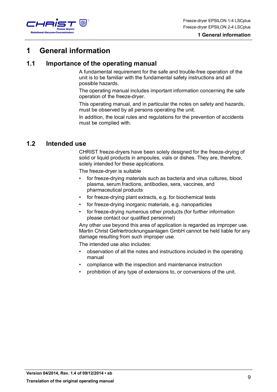 1 general information, 1 importance of the operating manual, 2 intended use | Martin Christ Epsilon 2-4 LSCplus User Manual | Page 9 / 131