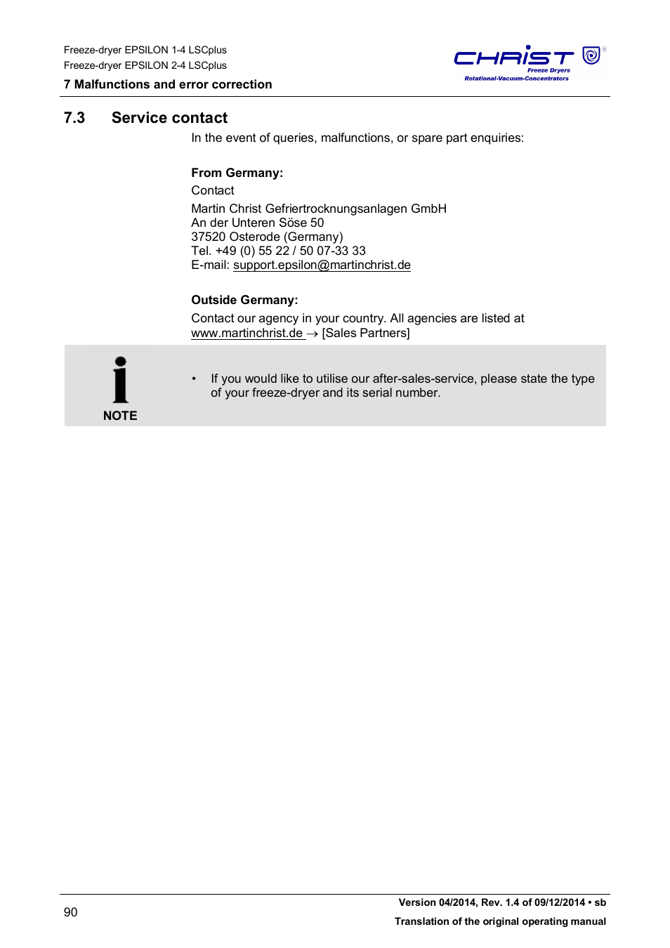 3 service contact | Martin Christ Epsilon 2-4 LSCplus User Manual | Page 90 / 131