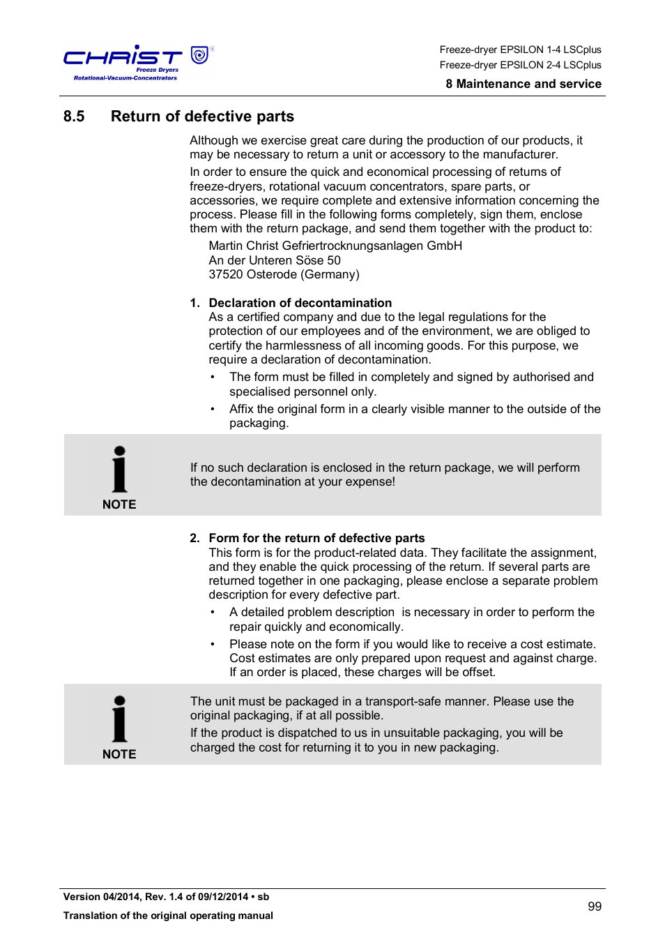 5 return of defective parts | Martin Christ Epsilon 2-4 LSCplus User Manual | Page 99 / 131