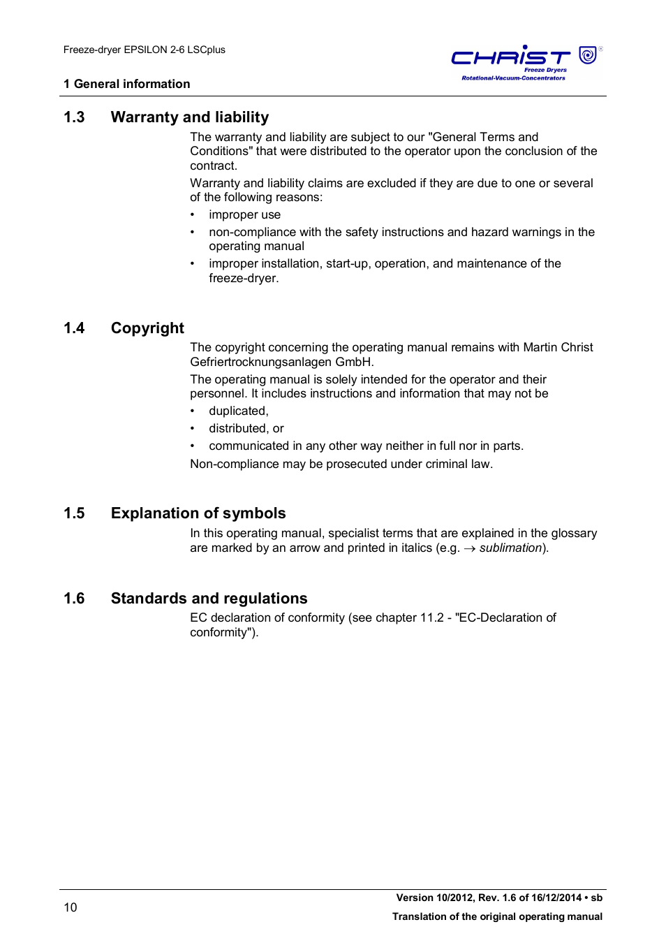 3 warranty and liability, 4 copyright, 5 explanation of symbols | 6 standards and regulations | Martin Christ Epsilon 2-6D LSCplus User Manual | Page 10 / 135