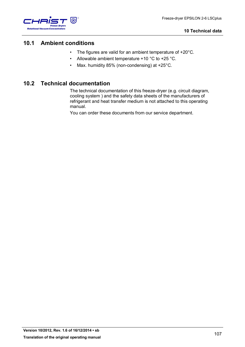 1 ambient conditions, 2 technical documentation | Martin Christ Epsilon 2-6D LSCplus User Manual | Page 107 / 135