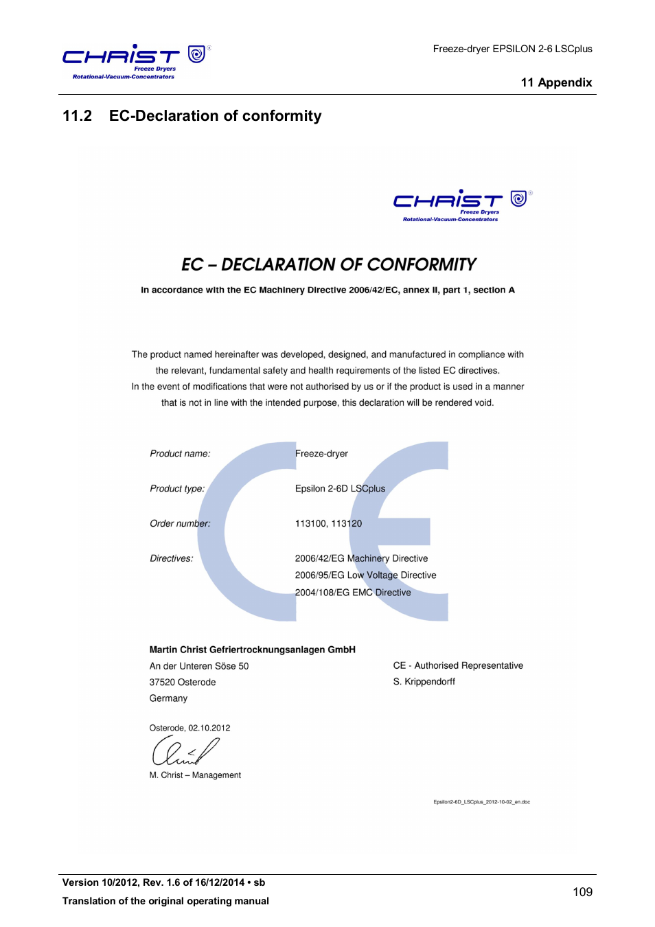 2 ec-declaration of conformity | Martin Christ Epsilon 2-6D LSCplus User Manual | Page 109 / 135