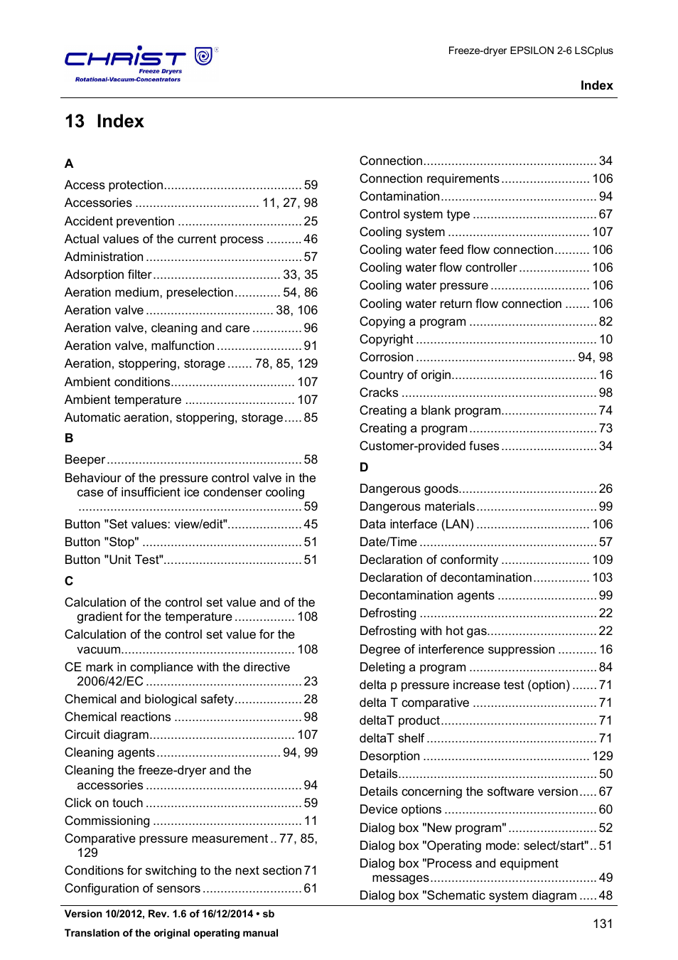 13 index | Martin Christ Epsilon 2-6D LSCplus User Manual | Page 131 / 135