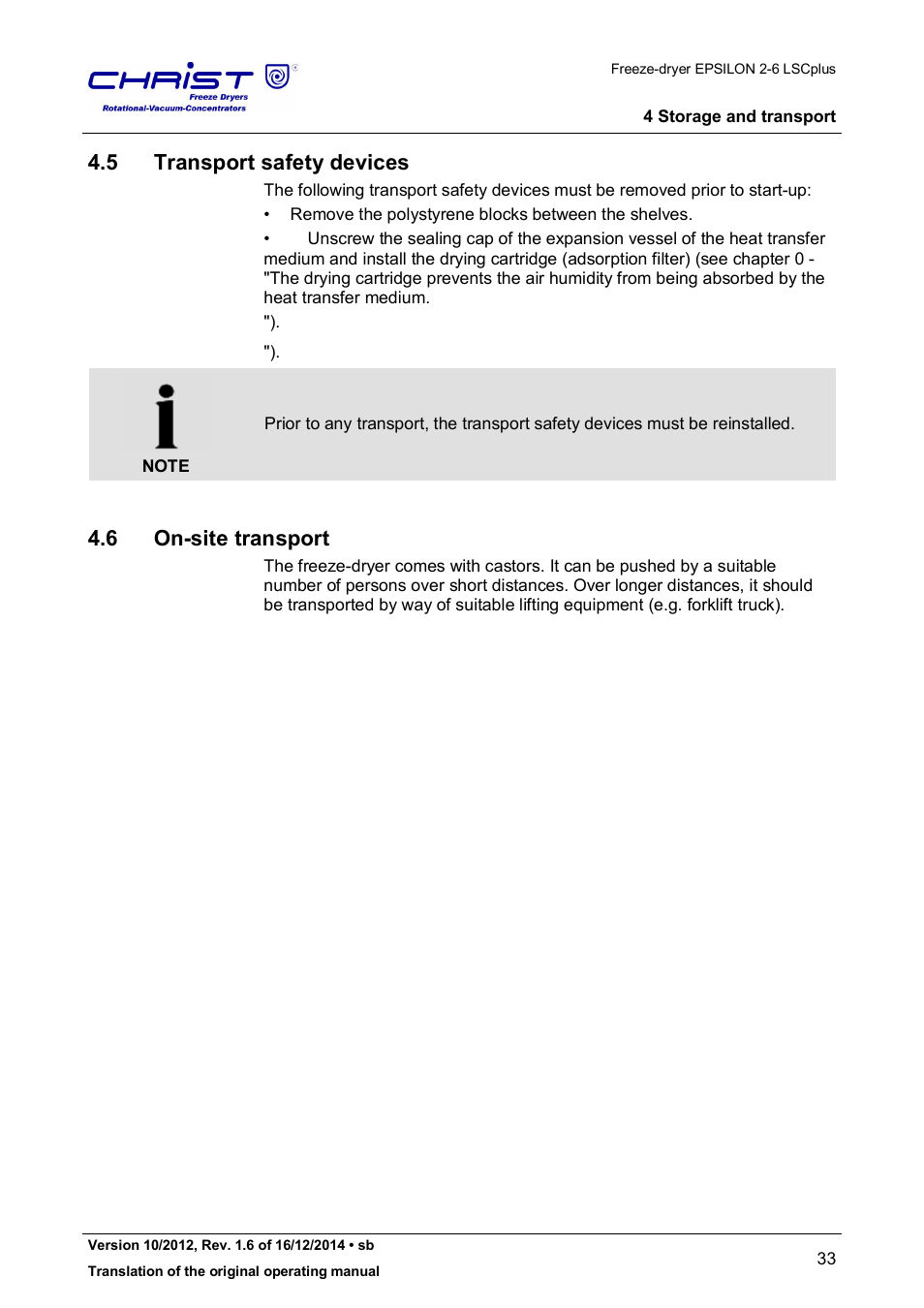 5 transport safety devices, 6 on-site transport | Martin Christ Epsilon 2-6D LSCplus User Manual | Page 33 / 135