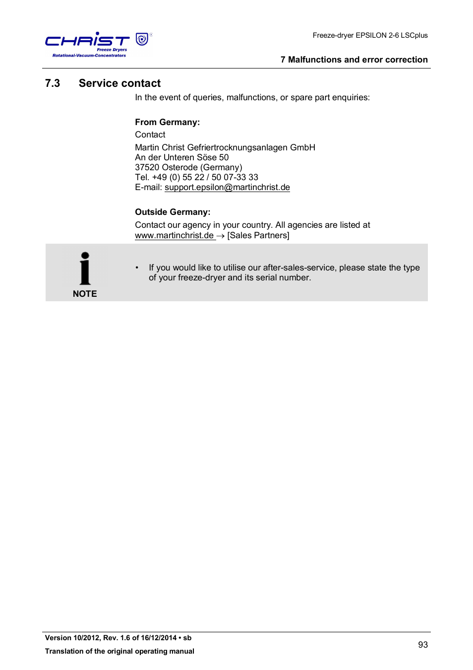 3 service contact | Martin Christ Epsilon 2-6D LSCplus User Manual | Page 93 / 135