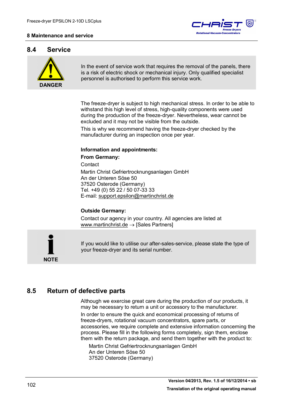 4 service, 5 return of defective parts | Martin Christ Epsilon 2-10D LSCplus User Manual | Page 102 / 135