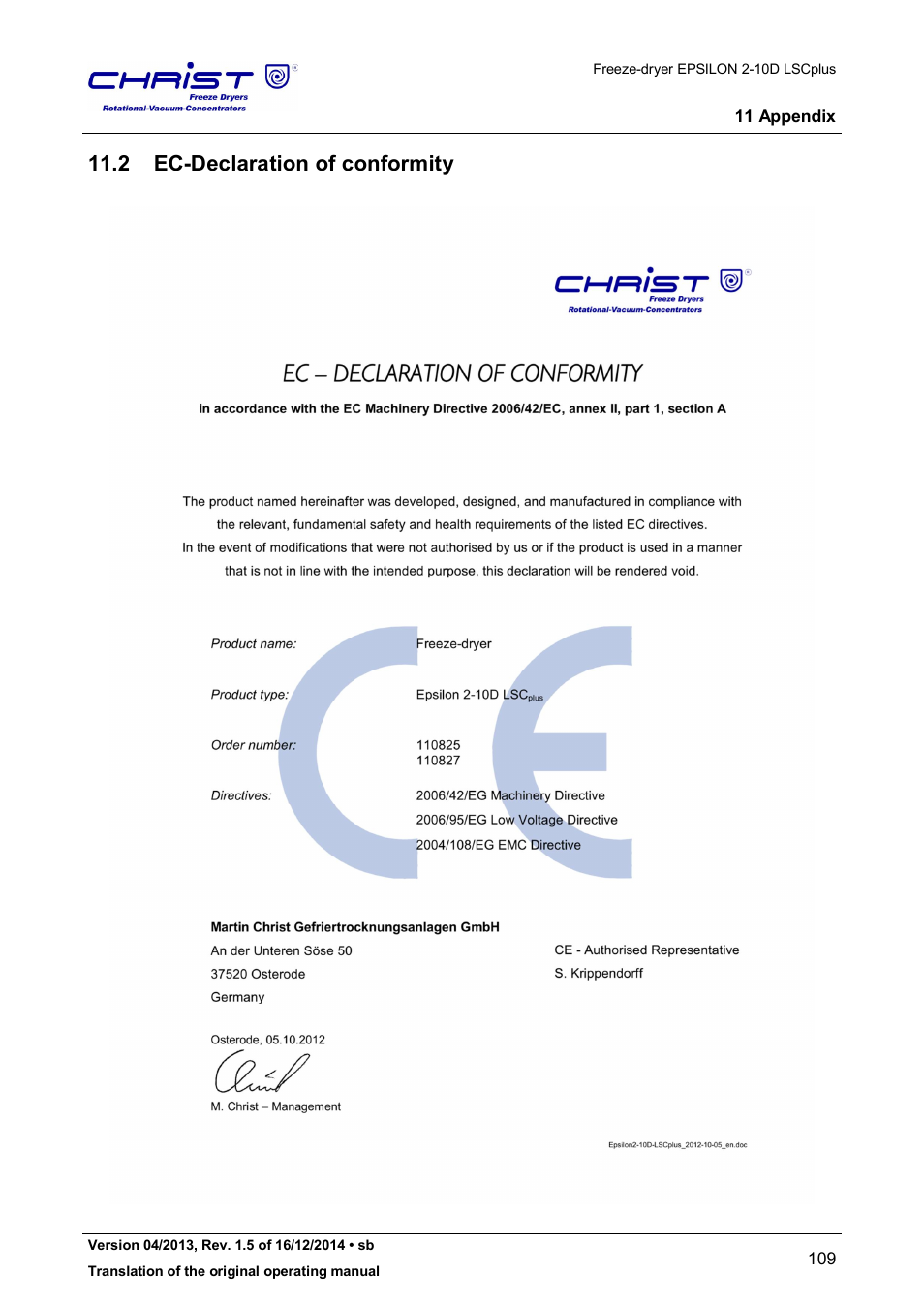 2 ec-declaration of conformity | Martin Christ Epsilon 2-10D LSCplus User Manual | Page 109 / 135