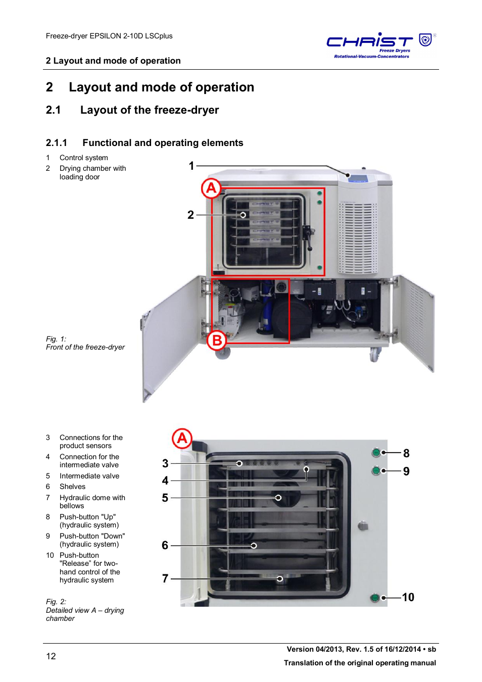 2 layout and mode of operation, 1 layout of the freeze-dryer, 1 functional and operating elements | Martin Christ Epsilon 2-10D LSCplus User Manual | Page 12 / 135