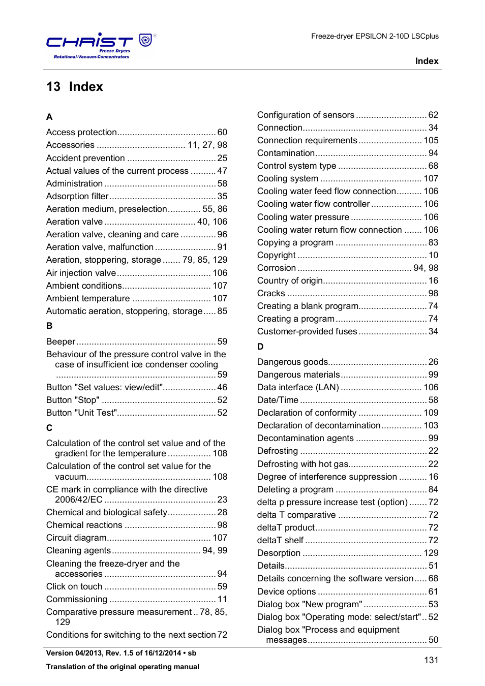 13 index | Martin Christ Epsilon 2-10D LSCplus User Manual | Page 131 / 135