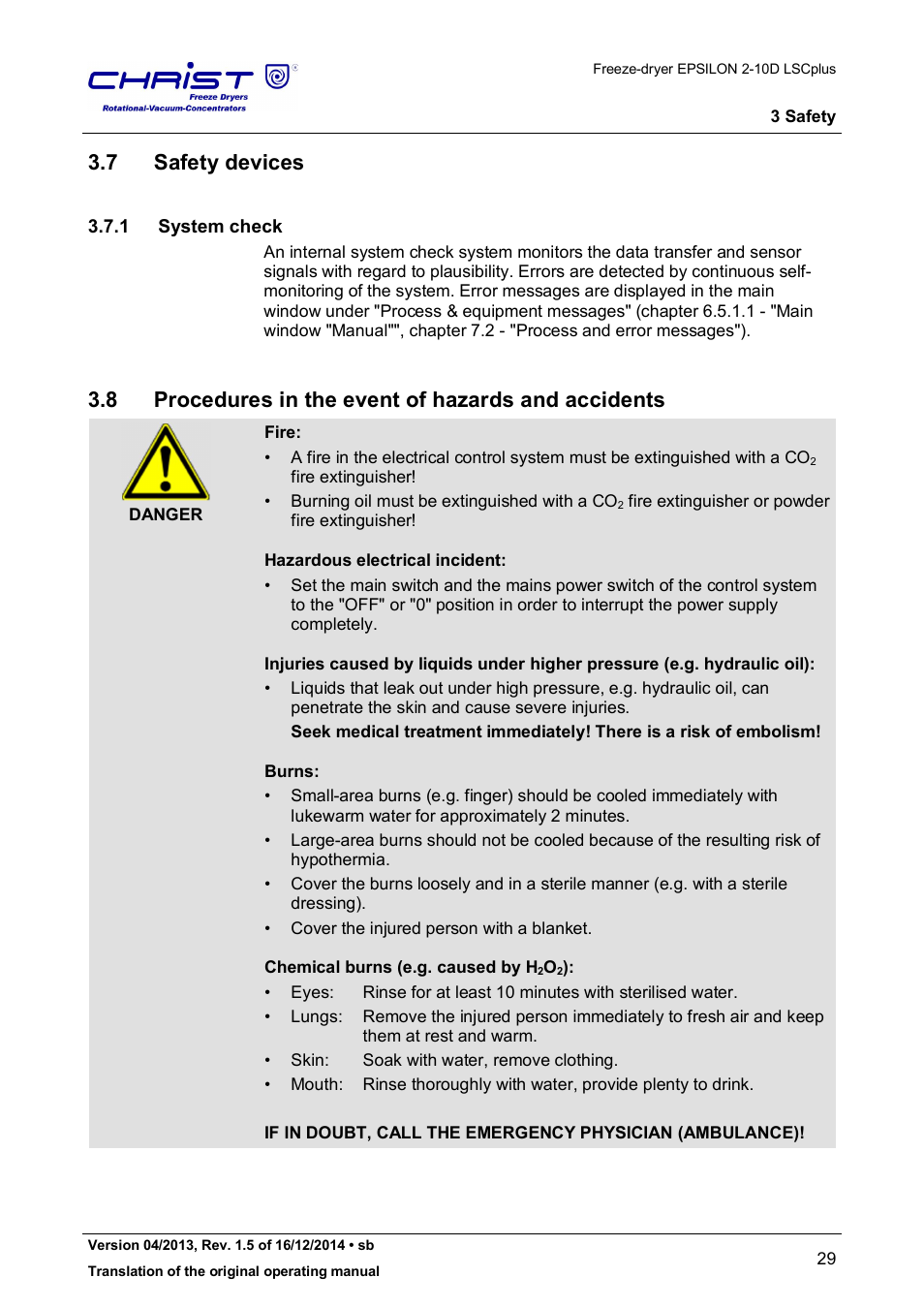 7 safety devices, 8 procedures in the event of hazards and accidents, 1 system check | Martin Christ Epsilon 2-10D LSCplus User Manual | Page 29 / 135