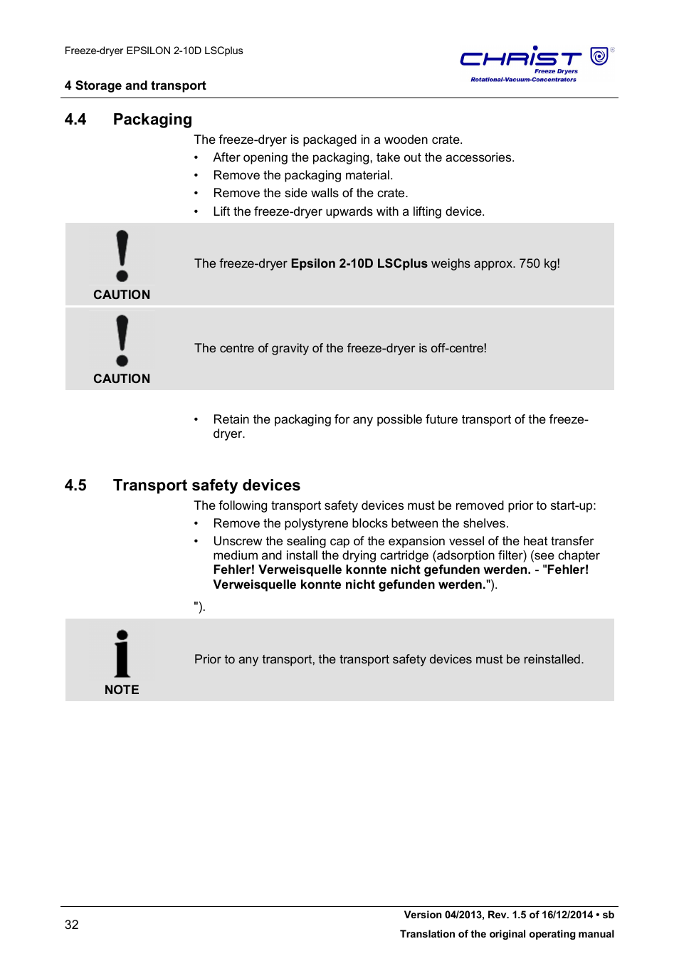 4 packaging, 5 transport safety devices | Martin Christ Epsilon 2-10D LSCplus User Manual | Page 32 / 135