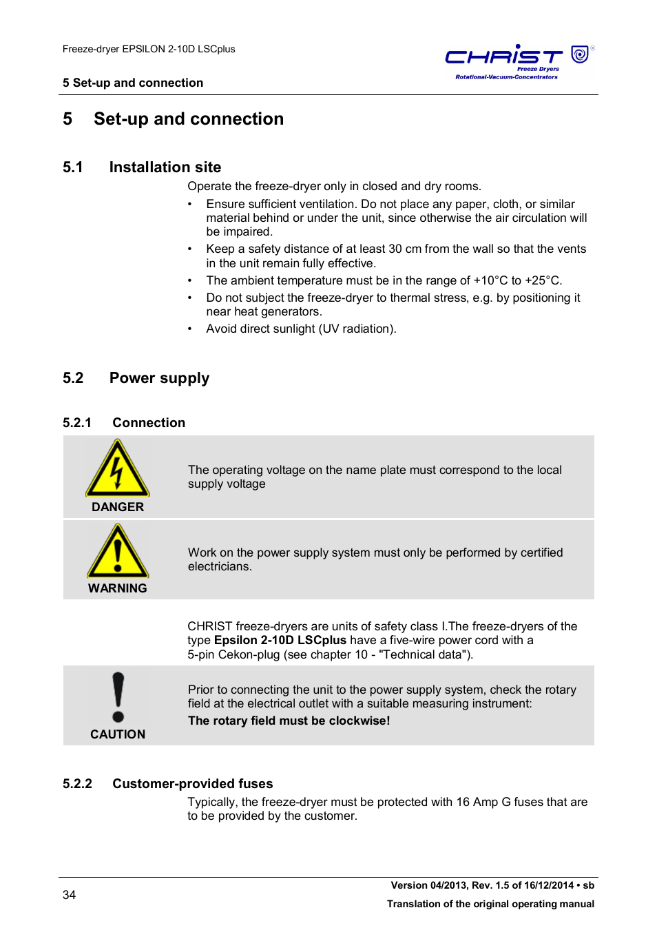 5 set-up and connection, 1 installation site, 2 power supply | Martin Christ Epsilon 2-10D LSCplus User Manual | Page 34 / 135