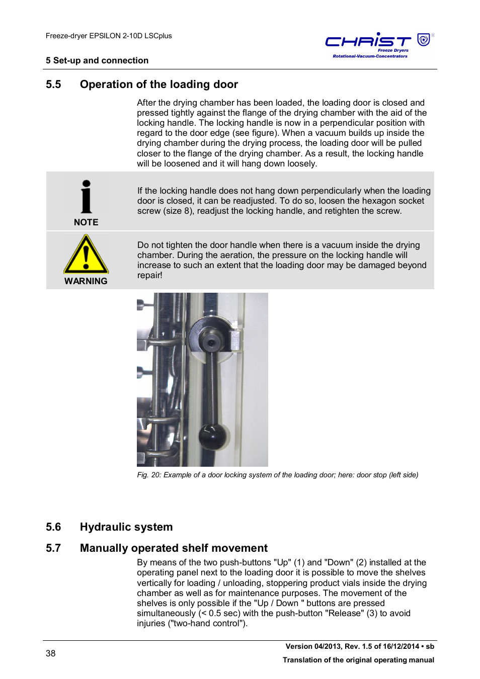 5 operation of the loading door, 6 hydraulic system, 7 manually operated shelf movement | Martin Christ Epsilon 2-10D LSCplus User Manual | Page 38 / 135