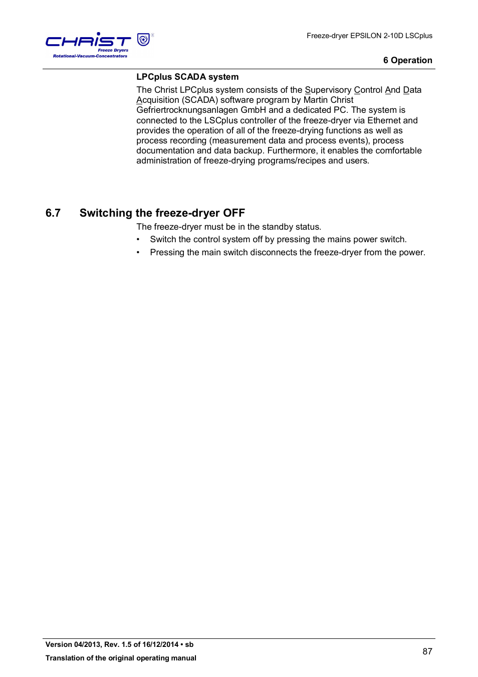 7 switching the freeze-dryer off | Martin Christ Epsilon 2-10D LSCplus User Manual | Page 87 / 135