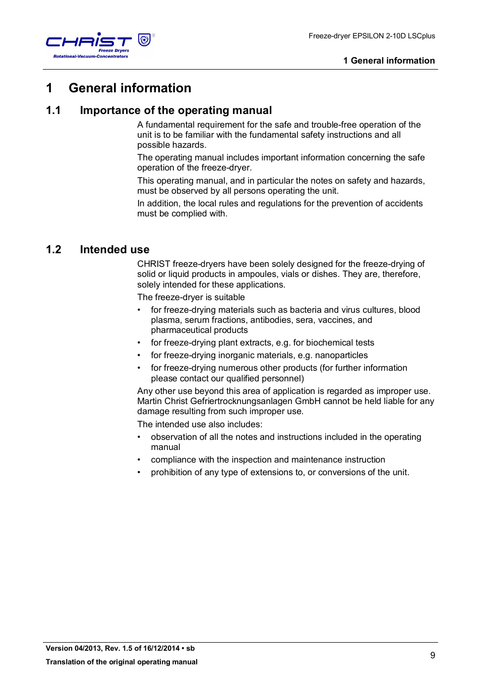 1 general information, 1 importance of the operating manual, 2 intended use | Martin Christ Epsilon 2-10D LSCplus User Manual | Page 9 / 135