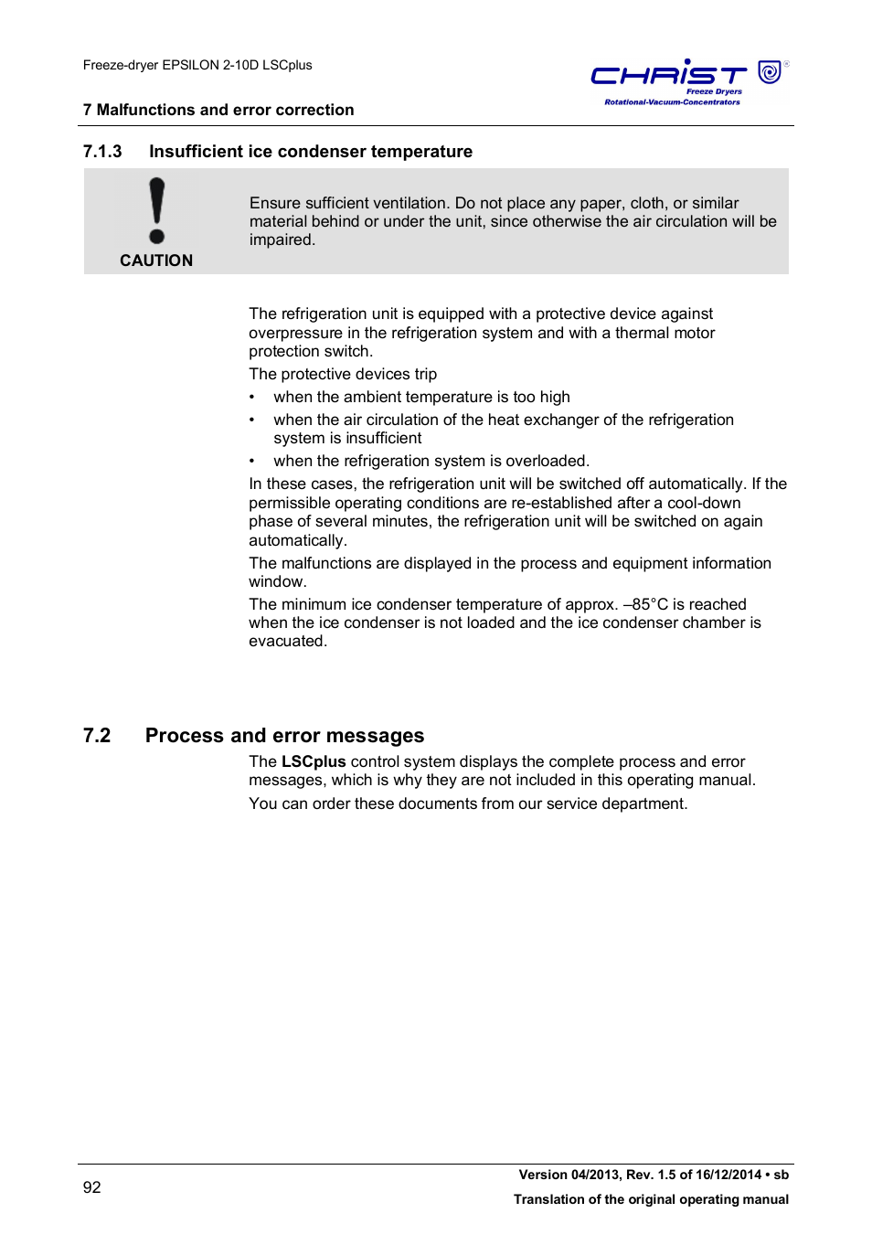 2 process and error messages, 3 insufficient ice condenser temperature | Martin Christ Epsilon 2-10D LSCplus User Manual | Page 92 / 135