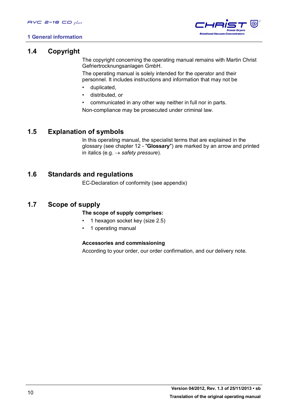 4 copyright, 5 explanation of symbols, 6 standards and regulations | 7 scope of supply | Martin Christ RVC 2-18 CDplus User Manual | Page 10 / 78