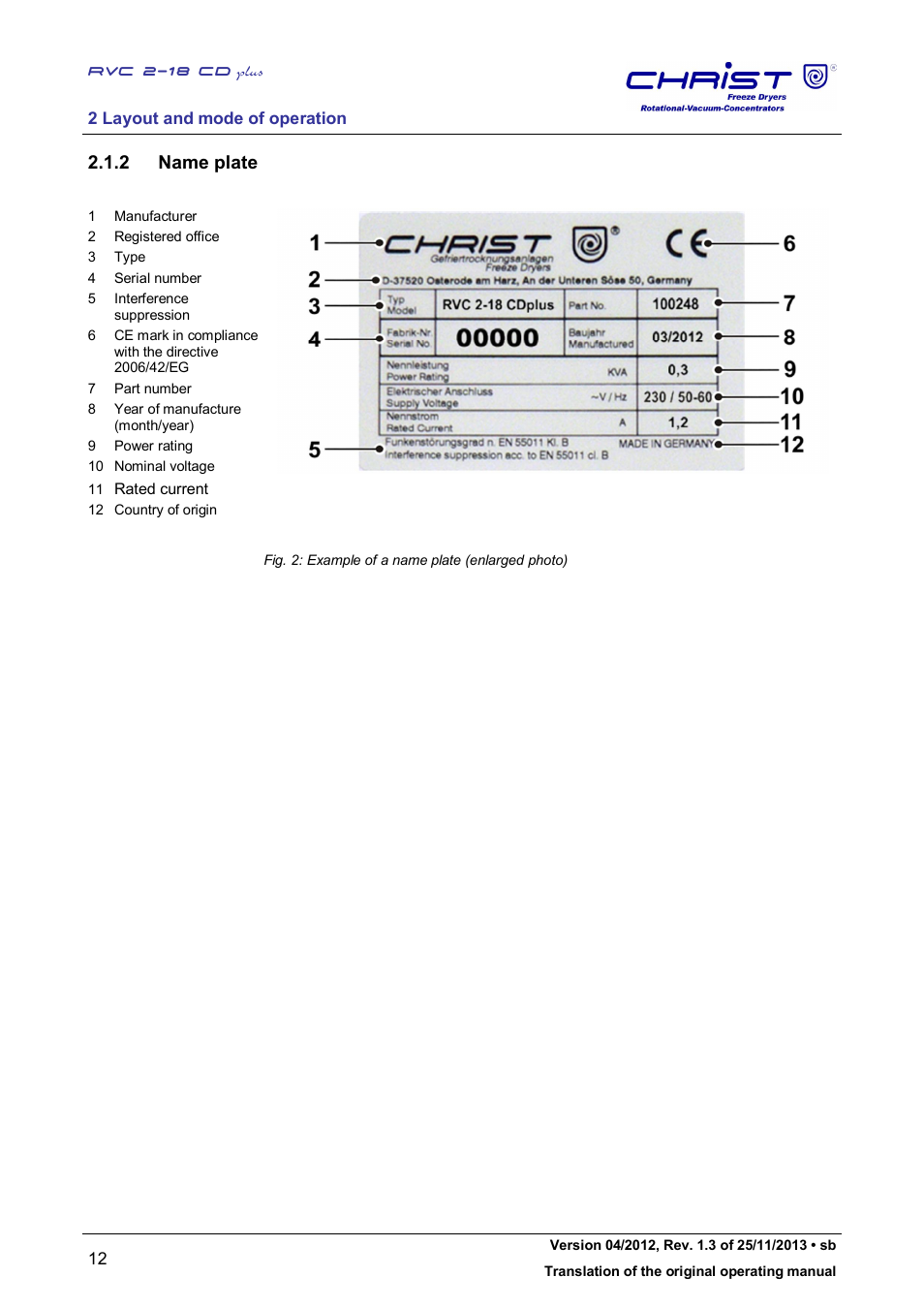 2 name plate | Martin Christ RVC 2-18 CDplus User Manual | Page 12 / 78