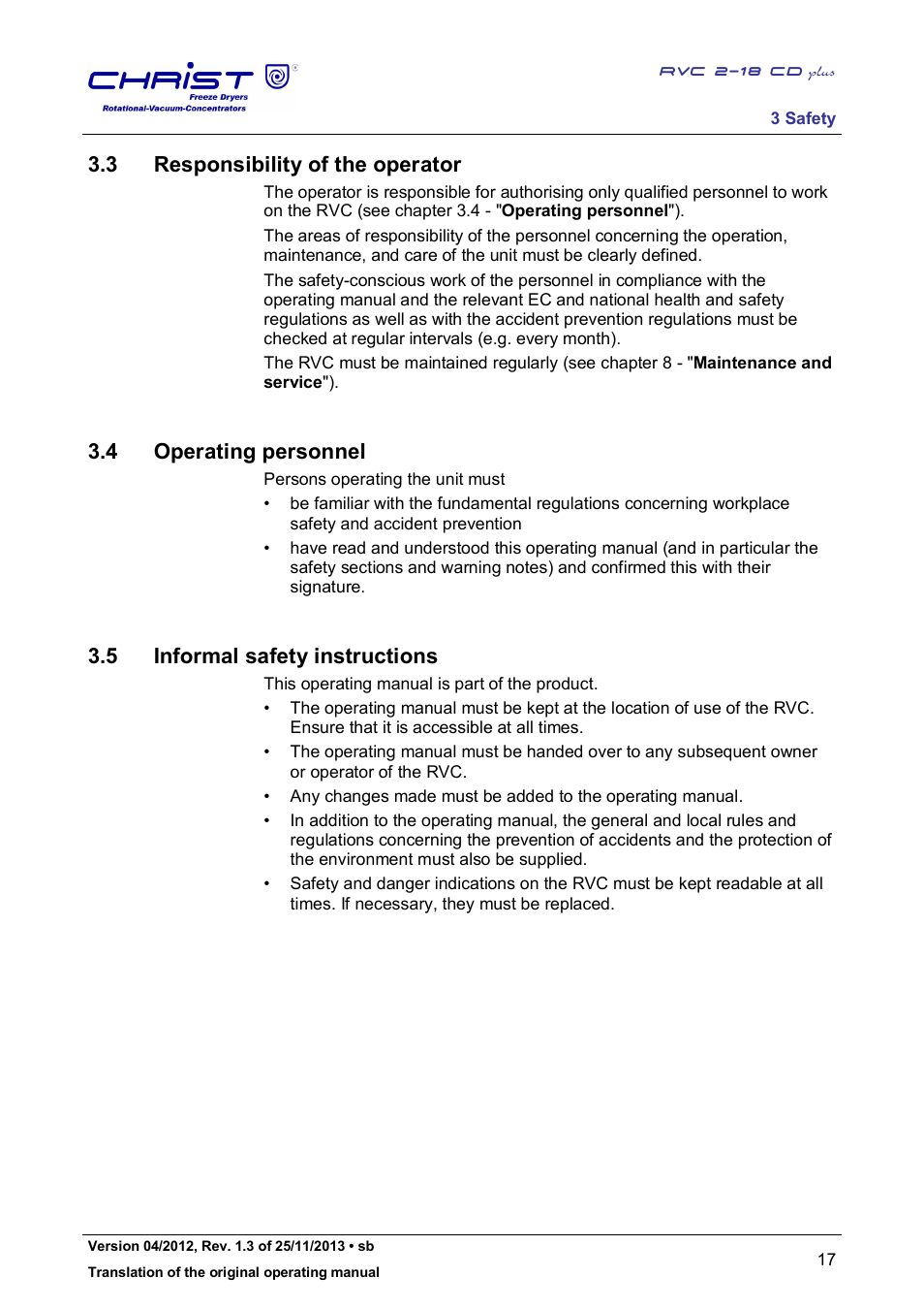 3 responsibility of the operator, 4 operating personnel, 5 informal safety instructions | Martin Christ RVC 2-18 CDplus User Manual | Page 17 / 78