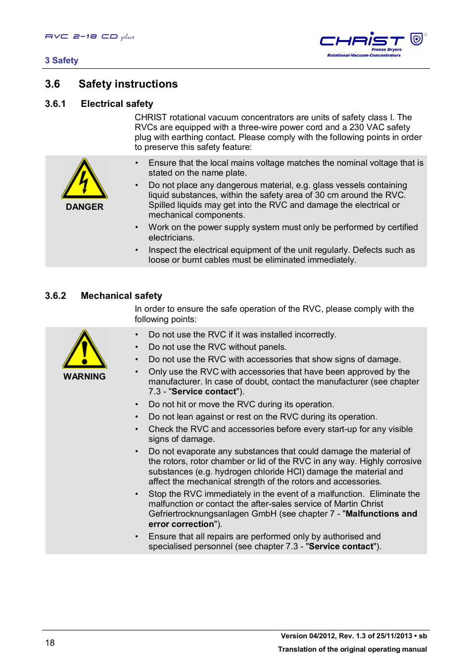 6 safety instructions | Martin Christ RVC 2-18 CDplus User Manual | Page 18 / 78