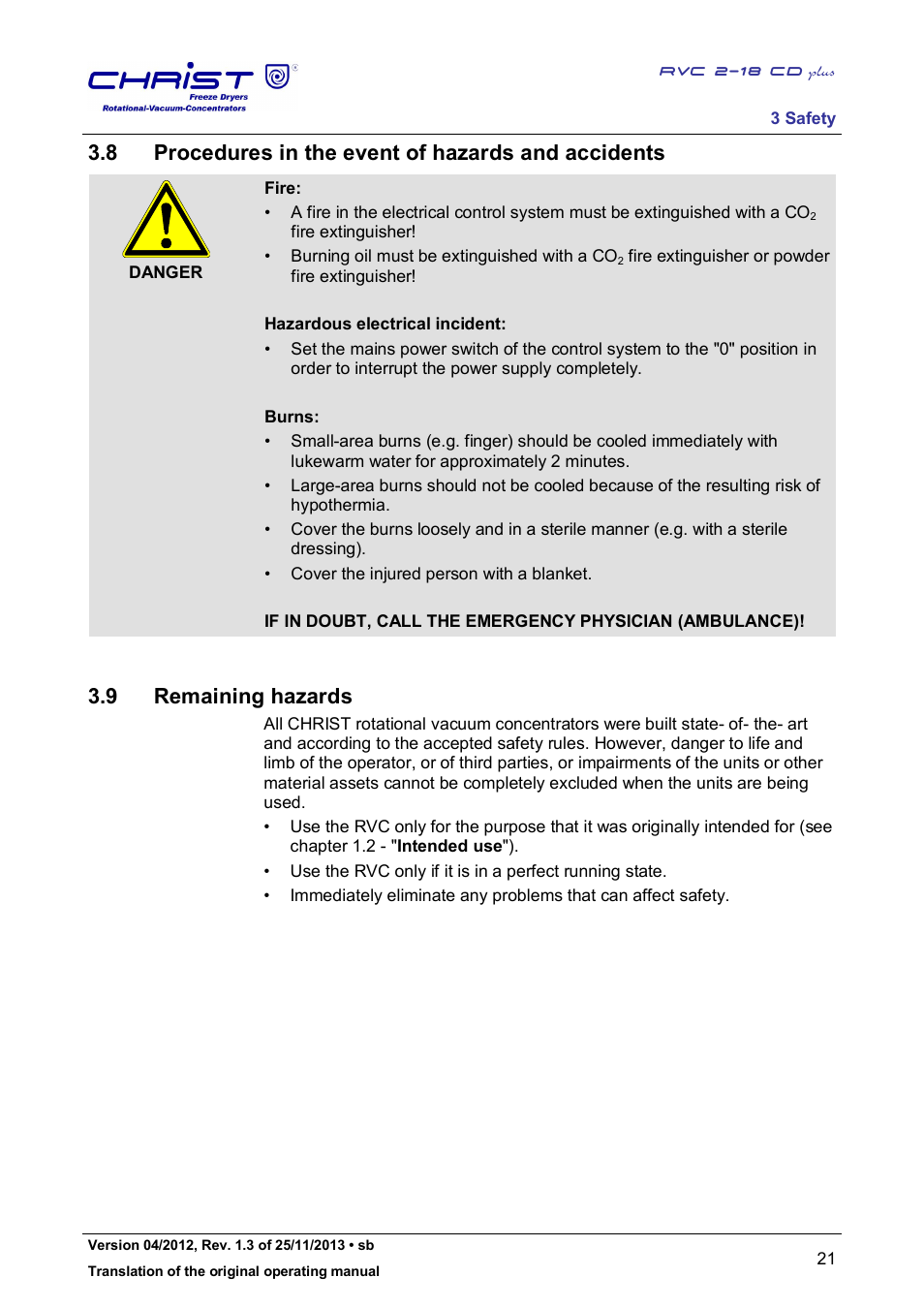 8 procedures in the event of hazards and accidents, 9 remaining hazards | Martin Christ RVC 2-18 CDplus User Manual | Page 21 / 78