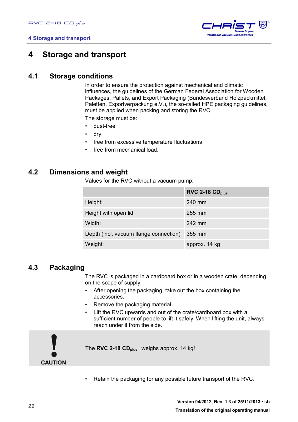 4 storage and transport, 1 storage conditions, 2 dimensions and weight | 3 packaging | Martin Christ RVC 2-18 CDplus User Manual | Page 22 / 78