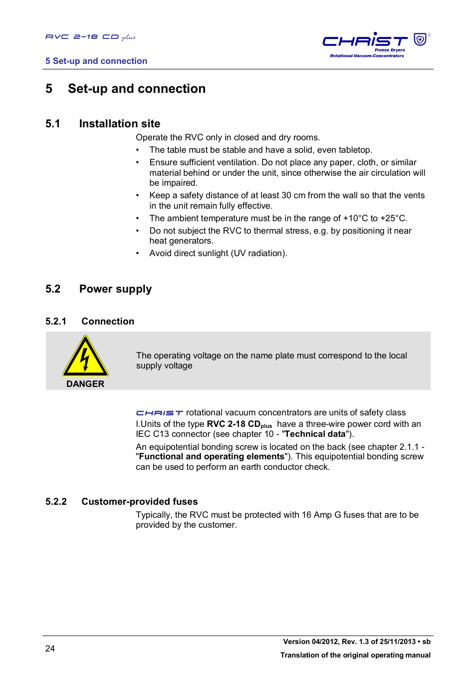 5 set-up and connection, 1 installation site, 2 power supply | Martin Christ RVC 2-18 CDplus User Manual | Page 24 / 78
