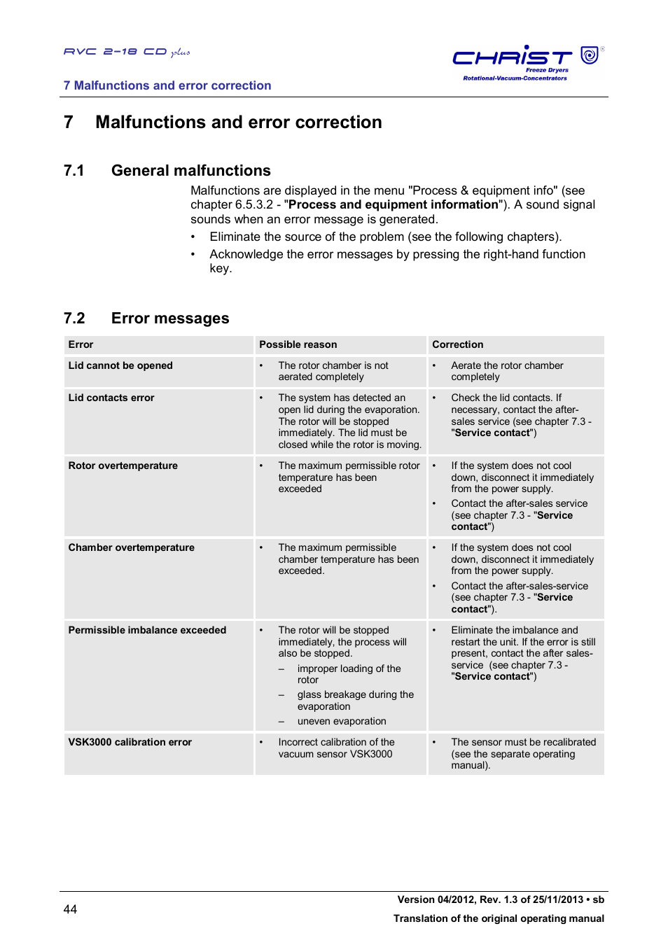 7 malfunctions and error correction, 1 general malfunctions, 2 error messages | Martin Christ RVC 2-18 CDplus User Manual | Page 44 / 78