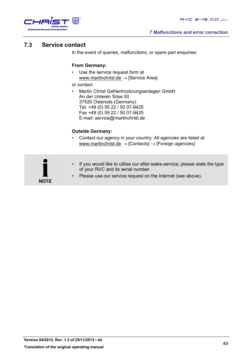 3 service contact | Martin Christ RVC 2-18 CDplus User Manual | Page 49 / 78