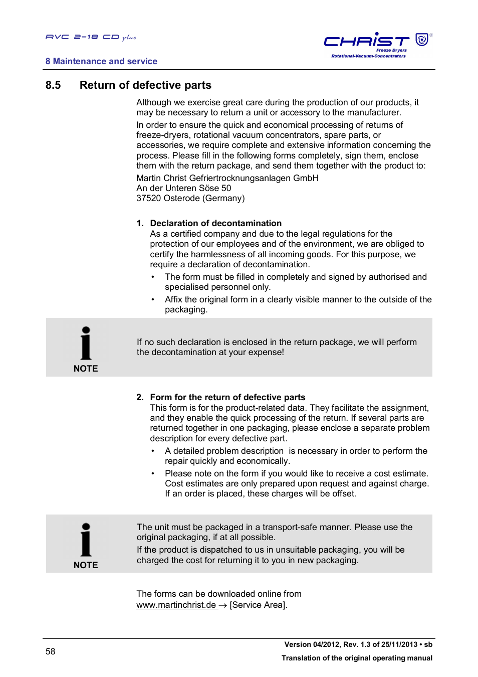 5 return of defective parts | Martin Christ RVC 2-18 CDplus User Manual | Page 58 / 78