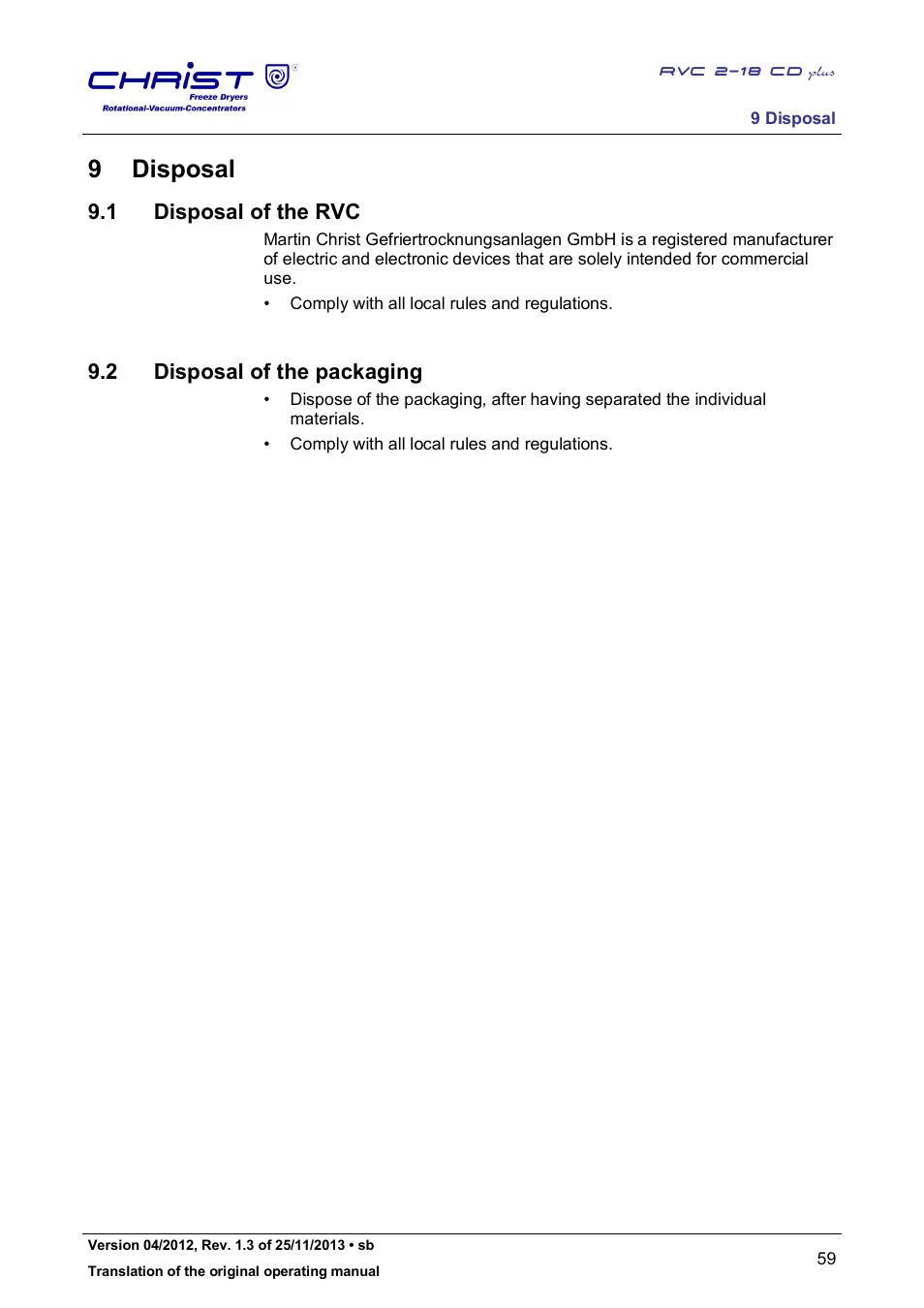 9 disposal, 1 disposal of the rvc, 2 disposal of the packaging | Martin Christ RVC 2-18 CDplus User Manual | Page 59 / 78