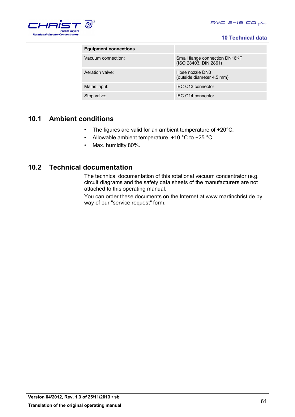 1 ambient conditions, 2 technical documentation | Martin Christ RVC 2-18 CDplus User Manual | Page 61 / 78